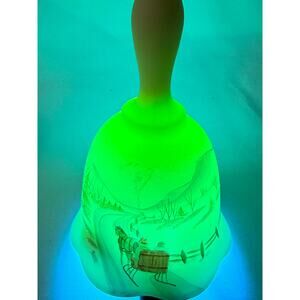 Fenton Uranium Glass Hand Painted Signed "Going Home" Custard Satin Bell GLOWS